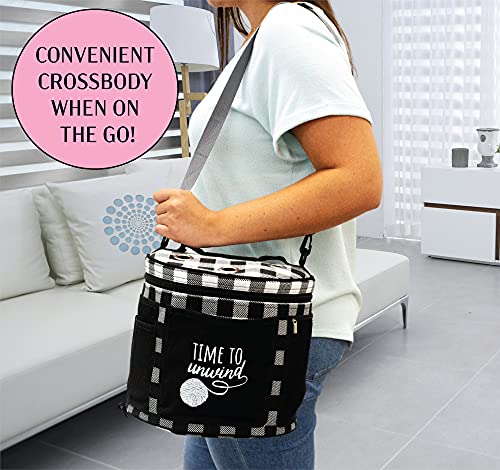 Steel Mill & Co Yarn Tote, Stylish Knitting Bag, Large Capacity Organizer for Knitting & Crochet Supplies, Craft Tote with Yarn Divider and Pockets for Hooks & Needles, Black Gingham - Thumbnail 5