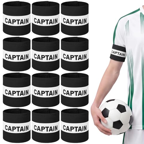 Simlakey 12 Pcs Soccer Captain Armband 11x3.5 Inch Elastic Leader Arm Band for Adult Youth Adjustable Team Accessories (Black)