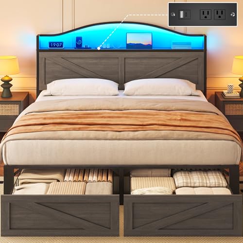 Lifezone Queen Bed with Farmhouse Storage Headboard Queen Bed with 2 Storage Drawers and Charging Station and LED Light No Box Spring Needed Noise Free Easy Assembly Rustic Grey