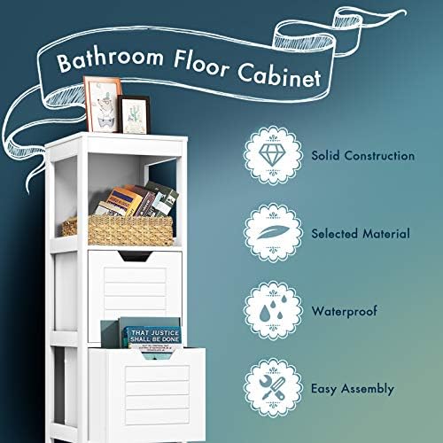 COSTWAY Bathroom Floor Cabinet, Wooden Free Standing Storage Cupboard with Drawers, Home Living Room Hallway Slim Organiser Unit (White, 2 Drawers + 1 Shelf)