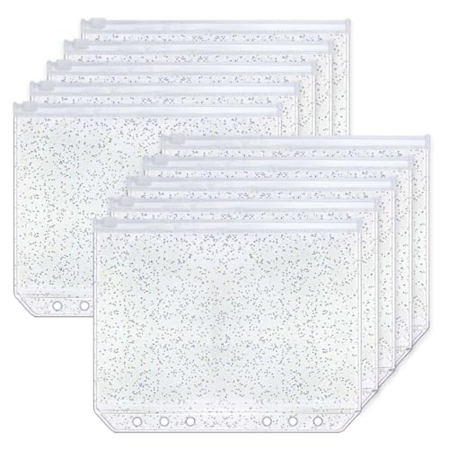 XiowDow 10pcs A5 Binder Pockets Clear Glitter Cash Stuffing Envelopes Plastic Zipper Pouch PVC Sheet Protectors for Money Budget Binders Planner Inserts Notebook (A5-6 Holes)
