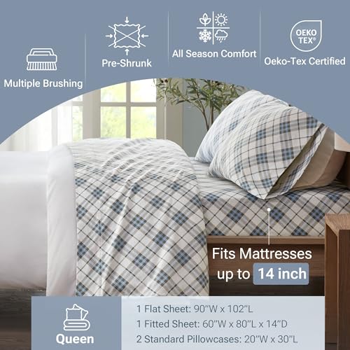 True North by Sleep Philosophy Cozy Flannel Warm 100% Cotton Sheet - Novelty Print Animals Stars Cute Ultra Soft Cold Weather Bedding Set, Queen, Blue Plaid 4 Piece