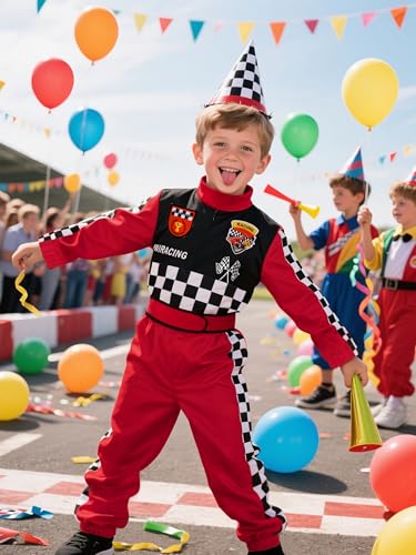 Kids Race Car Driver Costume Boys Girls Racer Jumpsuit With Car Cap Kids Dress Up for Halloween3
