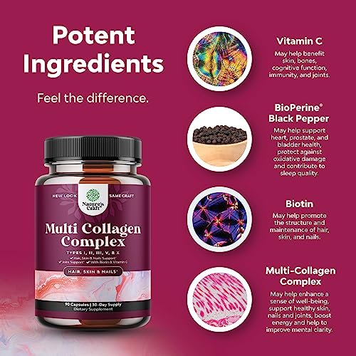 Advanced Multi Collagen Complex - Biotin And Collagen Supplement For Men And Women With Bioperine And Vitamin C - Type 1 2 3 5 & X Collagen Pills For Bone And Joint Support Hair Skin And Nails #TOP4