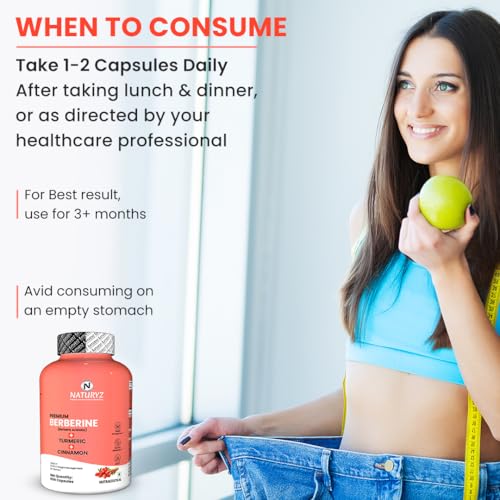 Image of NATURYZ Premium Berberine + Cinnamon + Turmeric Weight Loss Supplement for Women | Supports in Management of PCOS & Hormonal Balance | Regulates Blood Sugar & Cravings | Plant Based - No Chemicals | Bio Absorption Blend for faster Absorption | Vegetarian- 60 Capsules