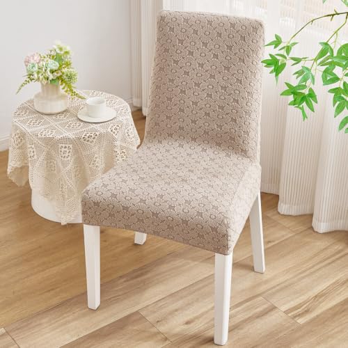 Image of HOMETHREADS Elastic Jacquard Chair Cover Stretch Removable Washable Short Dining Chair Cover Protector Seat Slipcover (D Beige, Pack of 6)