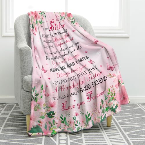 Jekeno Sisters Gifts Pink Flowers Floral Blanket Birthday Christmas Halloween Presents for Women Kids Girls Mom Wife Home Bedroom Spring Butterfly Decor Mother's Day Plush Throw 50"x60"