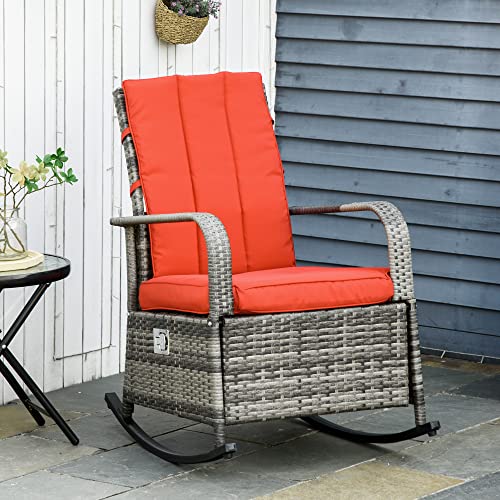 Outsunny Outdoor Rattan Wicker Rocking Chair Patio Recliner With Soft Cushion, Adjustable Footrest, Max. 135 Degree Backres, Red #TOP1