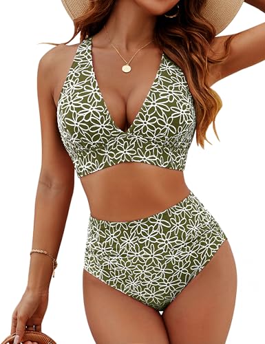 Image of Blooming Jelly Womens 2 Piece High Waisted Bikini Tummy Control Curvy Supportive Swimsuit Flattering Slimming Swimwear (XL, Army Green)