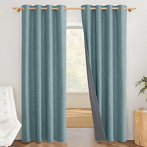 NICETOWN 100% Absolutely Blackout Linen Curtains with Thermal Insulated White Liner, Skylark Blue, 52 inches Wide, 90 inches Length Energy Saving Curtains for Living Room 2 Panels Set, Vertical Blinds - image 1