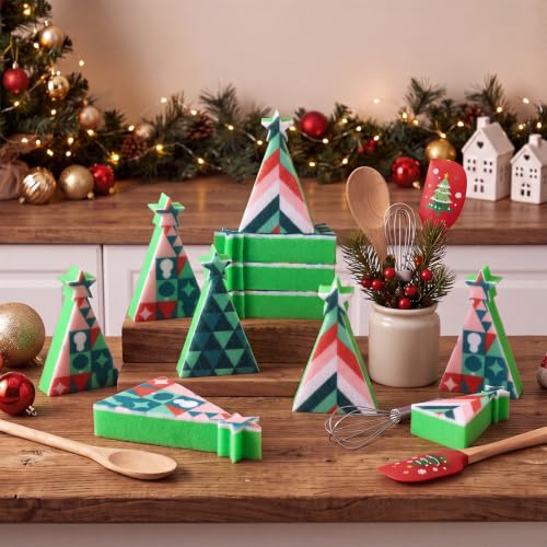 Image of Tioncy 12 Pack Christmas Tree Kitchen Sponges Bulk Colorful Geometric Tree Dual Sided Scrubber Sponges Dishwashing Kitchen Cleaning Accessories for Home Decor Household Supplies