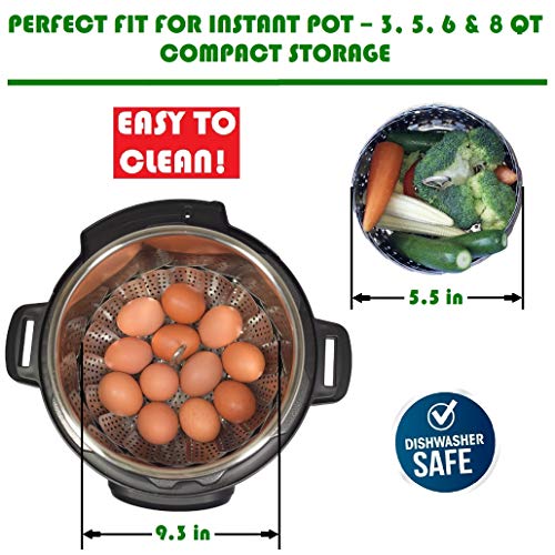 Kitchen Deluxe Vegetable Steamer Basket - Fits Instant Pot Pressure Cooker 3, 5, 6 Qt & 8 Quart - 100% Stainless Steel - Accessories Include Safety