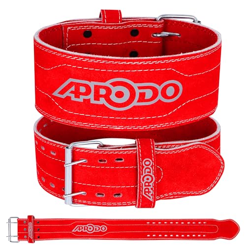 Image of Aprodo Gym Belt for Men and Women Workout with Secure Double Prong Buckle | 8.6mm Thick Suede Leather Professional Belt For Heavy Weight-Lifting, Powerlifting, Bodybuilding, Squatting and Strength Training (Red, S)