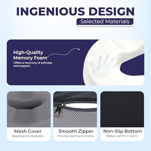 Image of Billebon Orthopedic Memory Foam Donut Pillow for Tailbone Pain| Coccyx Seat Cushion for Piles & Hemorrhoids| Sciatica| Prostate| Post-Natal| Pregnancy Pain Relief| Breathable Mesh Cover - Grey