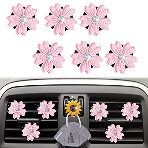 Image of Cute Daisy Air Vent Clips, 6 Pcs Flower Car Air Fresheners Vent Clips Car Diffuser Vent Clip Charm Car Decoration for Women Cute Car Interior Decor Flower Car Accessories + Sunflower Mask Hook (Pink)
