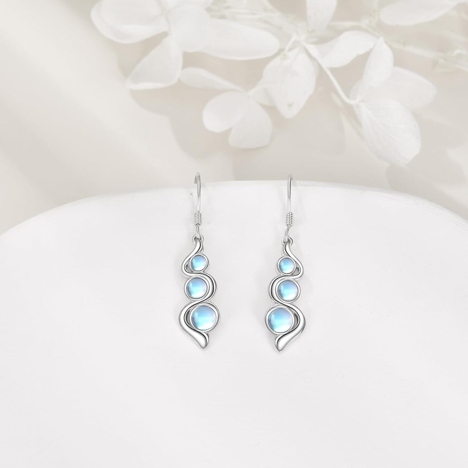 Gemstone Drop Earrings 925 Sterling Silver Turquoise/Moonstone/Moss Agate Dangle Earrings for Women Creative Curve Line Earrings for Girls Turquoise/Moonstone/Moss Agate Jewelry Gift - Image 3