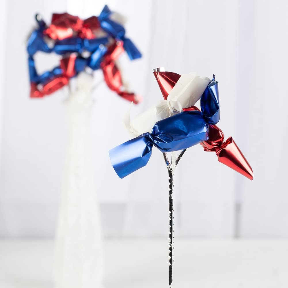 Group of 12 Assorted Red White and Blue Tinsel Star Stems by Factory Direct Craft for 4th of July Decorating and Patriotic Displays