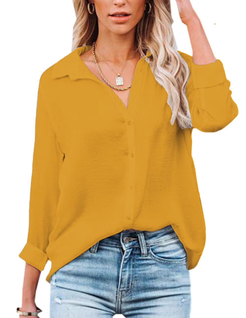 NONSAR Damen Bluse V-Ausschnitt Hemden Elegant Langarm Casual Arbeit Oberteile mit Knöpfen Tops Langarm/Kurze Ärmel Shirt