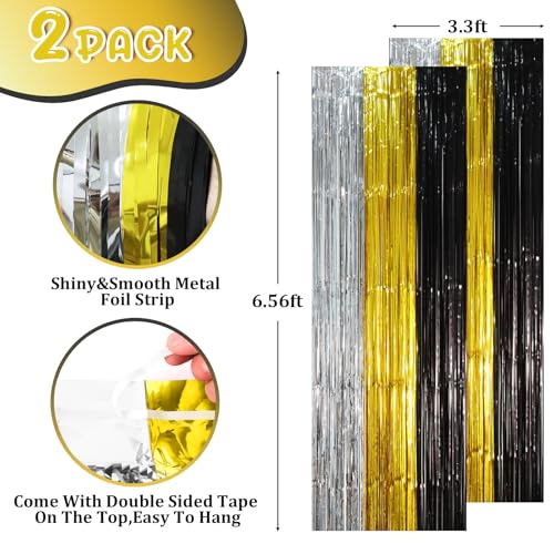 Image of Voircoloria 2 Pack Black Gold Silver Foil Fringe Backdrop Curtains, Tinsel Streamers Party Decorations, Fringe Backdrop, Door Shimmer for New Years or Birthday Party