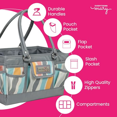 Image of Everything Mary Deluxe Store & Tote Organizer - Grey Stripes Craft Caddy with Handle - Art Storage Tote for Sewing, Scrapbooking, DIY Projects & Crafting Tools