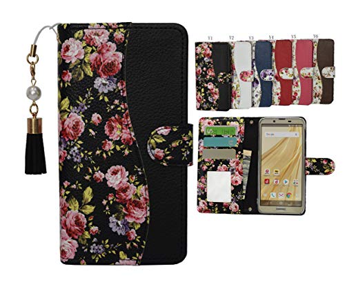 「kaupili」BASIO 4 KYV47 au かんたんスマホ2 A001KC Y!mobile 京セラ 専用 鏡/ミラー付き ケース 鏡/ミラー付き カード収納 スタンド機能 手帳型 お財布機能付き花 花柄 2色 化粧鏡付き ブラック(B18-95-