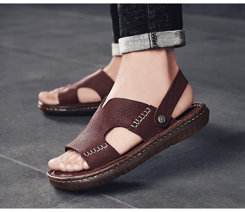 Men Sandals Comfort Leather Brown Beach Slippers Casual Footwear Outdoor Beach Shoes2