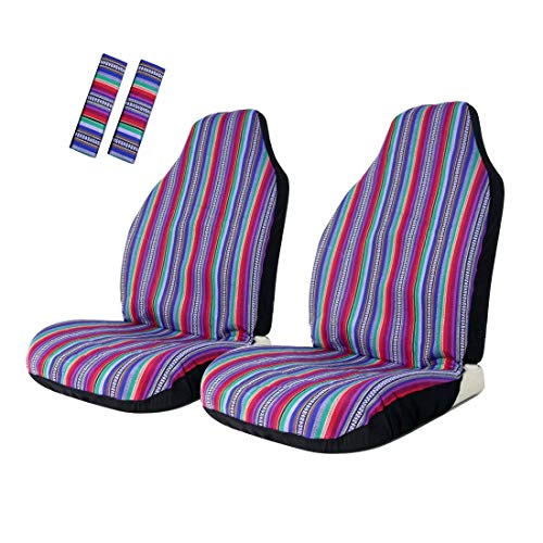 Copap 4pc Seat Covers Front Pair Baja Bucket Seat Cover Universal Stripe Colorful Saddle Blanket with Seat-Belt Pad Protectors for Car, SUV & Truck