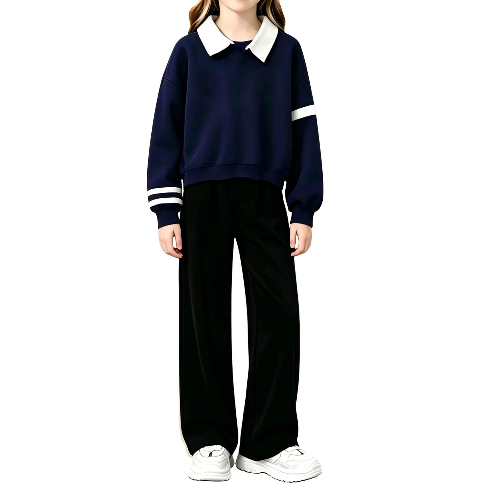 WINWUQB - Tuta da ragazza con colletto e gamba larga, set da 2 pezzi | Accogliente Scuola Morbido Outfit Maglione Pullover Felpe Pantaloni Autunno Inverno Casual Bambini Tuta