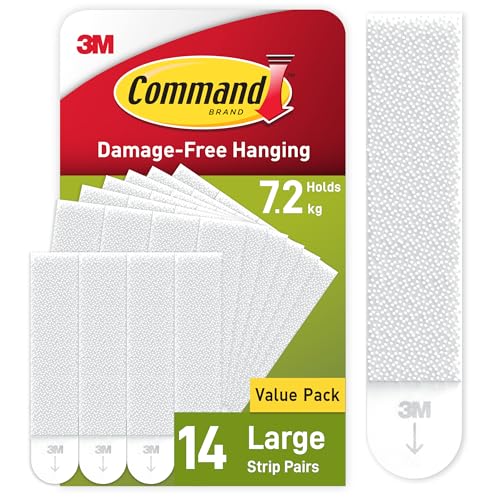 Command Tiras Adhesivas para Colgar Cuadros Grandes, Pack Ahorro de 14 x 2 Tiras Blancas - Para Marcos, Espejos, Letreros, o Relojes de Pared - Colgar Sin Agujeros y Sin Taladrar