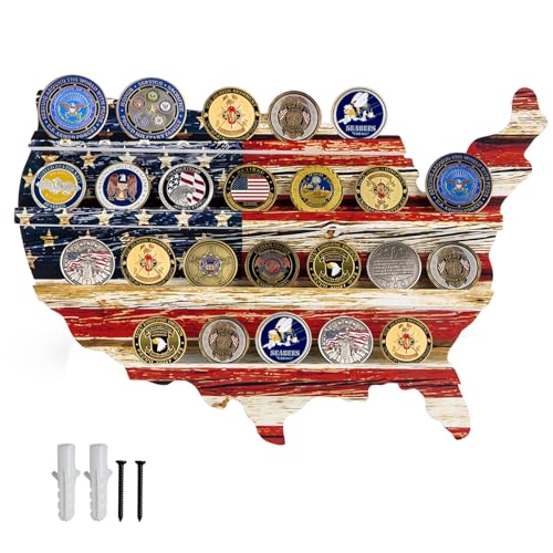 ShaelPii Wall Mount Challenge Coin Holder Display,Flag Military Coin Shelf Wood Rack for Army Firefighter Police Navy Marines Veterans Medal Badge Collector,Patriotic Décor
