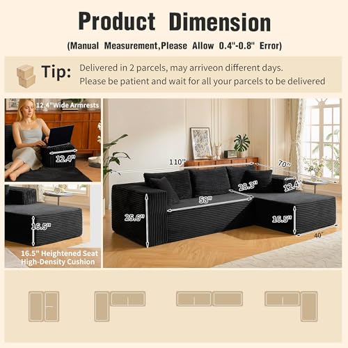 Image of 110 inch No Assembly Compression Boneless in a Box Cloud Sectional Couches for Living Room L-Shape Couch Sleeper Sofa, Modern Modular Corduroy Reclining Comfy Fluffy Memory Foam Furniture for Home Black