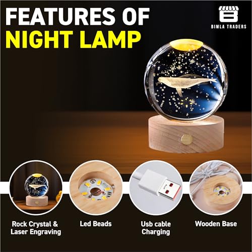 Image of 3D Whale Crystal Night Lamp, Glass Ball Table Lamp with Wooden Base, Perfect for bedrooms, Nurseries and Cozy Corners (Whale)
