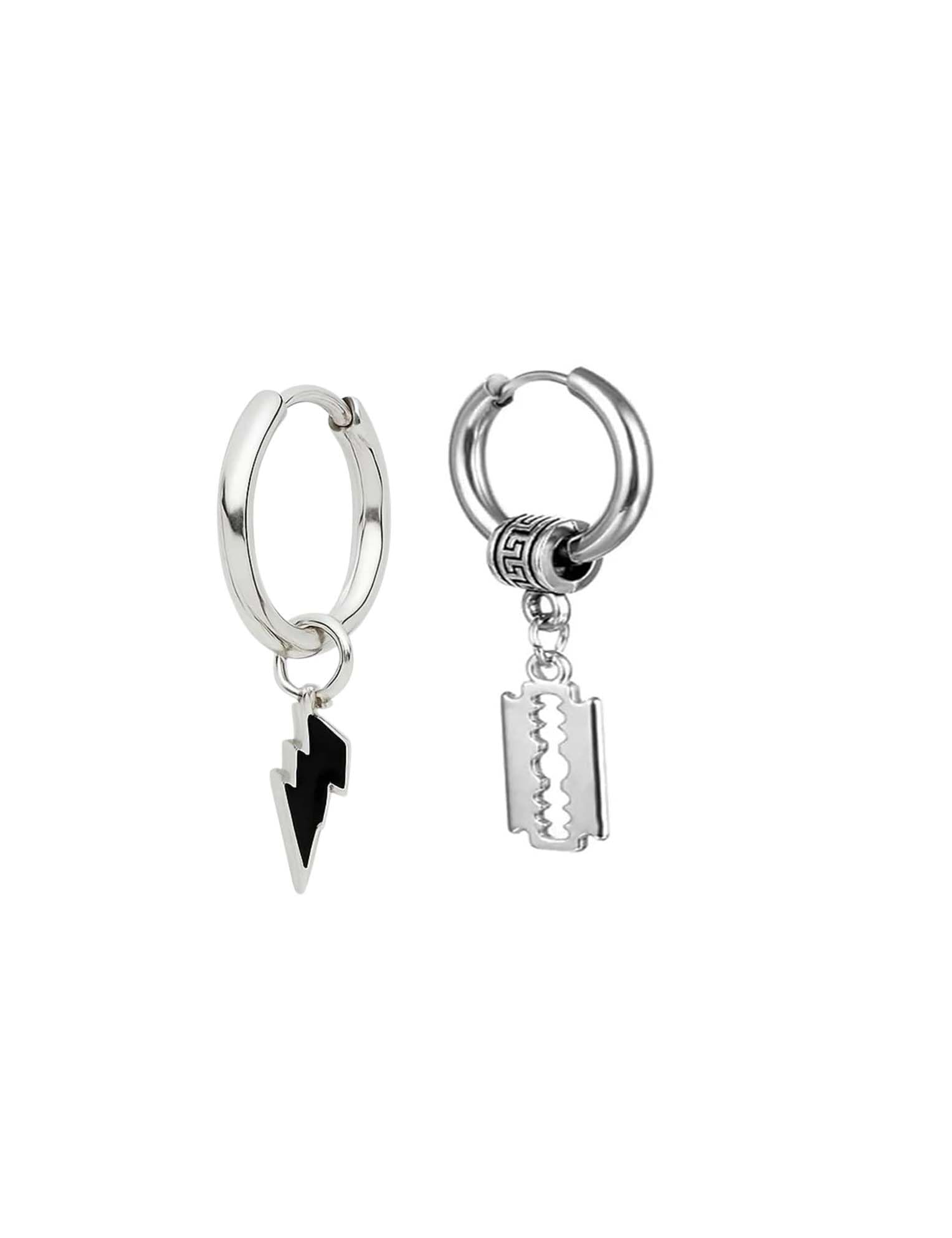 nice life collections Silver Hoop Earrings with Lightning Bolt and Razor Blade Charms, Stainless Steel, Dangle Drop Style-picture-23