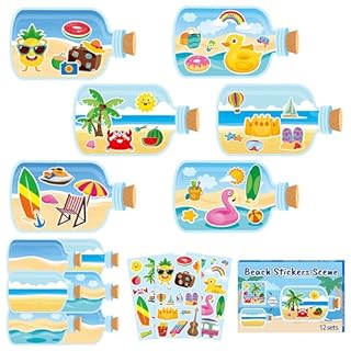 CY2SIDE Summer Beach Stickers - 12PCS Summer Drifting Bottles Sticker Art Craft for Kid Make Your Own Beach Sticker Scene with Pineapple Flamingo DIY Hawaii Party Game Class Fun Activities