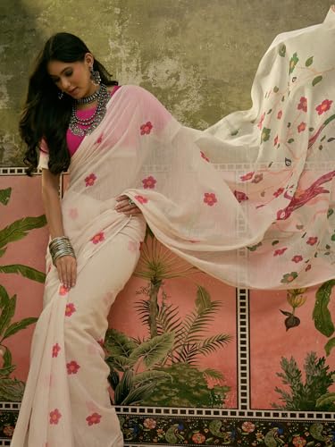 Image of SIRIL Women's Cotton Linen Printed Zari Border Saree with Unstitched Blouse Piece