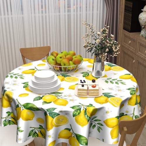 Sweetshow Yellow Lemon Table Cloth Round Fruit Tree Branches Leaves Flowers Bloom Bright Summer Tablecloth 60 Inch Decor Washable Stain and Wrinkle Spring Round Table Cover for Dining Picnic by Sweetshow - Used condition - Image 6