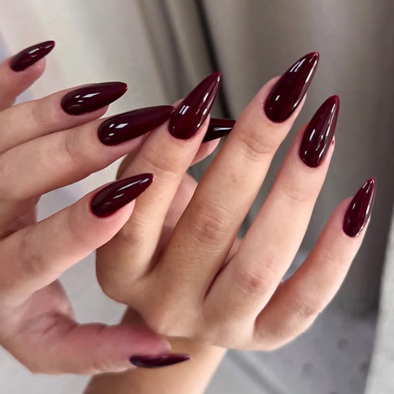 Wine Red Stiletto Press On Nails | 24 Pcs Long Glossy False Nails with Glue | Burgundy Artificial Nails for Women | Reusable Fake Nail Extensions for Party, Wedding & Bridal Wear-image-39