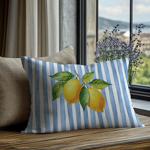 Image of Blue and Yellow Summer Italian Mediterranean Amalfi Coast Lemon Pillow Cover Decor 12x20,Italian Striped Decorative Throw Pillow Cover Decor for Couch Double-Sided