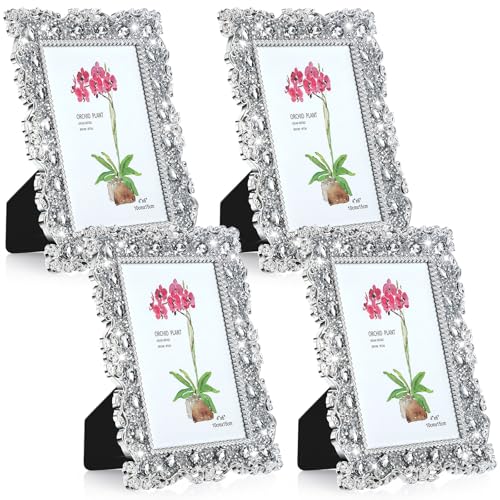 Yookeer 4 Pack 4 x 6 Inch Crystal Picture Frame Resin Wedding Photo Frame Jewel Picture with Rhinestones Photo Gift for Wedding Table Top Desktop Display