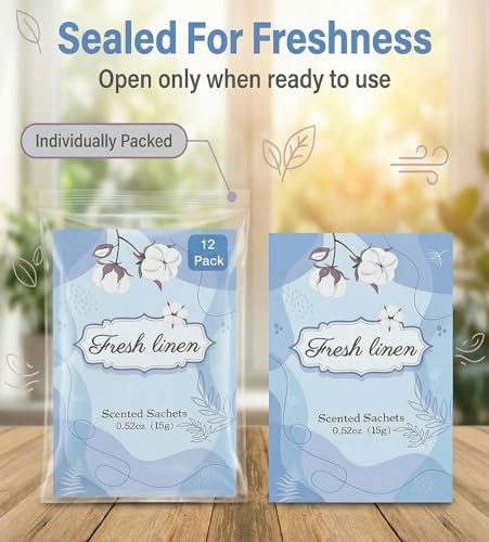 Image of 12 Packs Fresh Linen Hanging Scented Sachets for Drawers and Closets with Retractable Hook| Long-Lasting Closet Air Freshener & Closet Deodorizer | Closet Scent Freshener (Fresh Linen)