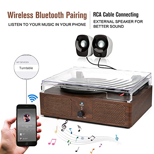 Image of Vinyl Record Player with Built-in Speakers and USB,Belt-Driven Bluetooth Turntable with 3 Speed AUX Input Headphone Jack and RCA Output Vintage Wooden Coffee