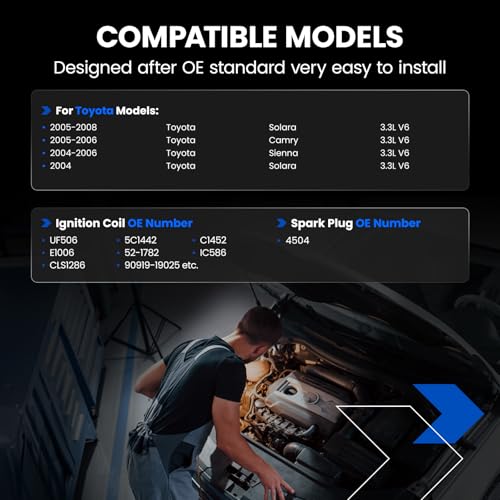 Image of 6-Pack UF506 Ignition Coils & 4504 Spark Plugs Kit Compatible with Toyota Camry Sienna Solara 2004 2005 2006 2007 2008, 3.3L 3.3 V6 - Replaces C1452 5C1442 4504 & more