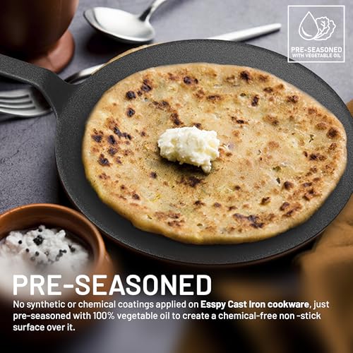 Image of Esspy 23cm /9inch Pre-Seasoned Cast Iron Roti Tawa with Silicon Sleeve, Iron Tawa for Chapati /Phulka, Even Heat Distributor, Retains Heat to Enhance Flavor, Toxin Free Cast Iron Cookware