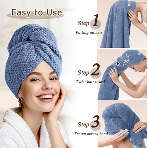 Image of Large Microfiber Hair Towel Wrap & Satin Bonnet Set for Women, Ultra Absorbent Turban 24x42 Inches & Adjustable Night Cap for Curly Hair, Prevents Frizz & Breakage