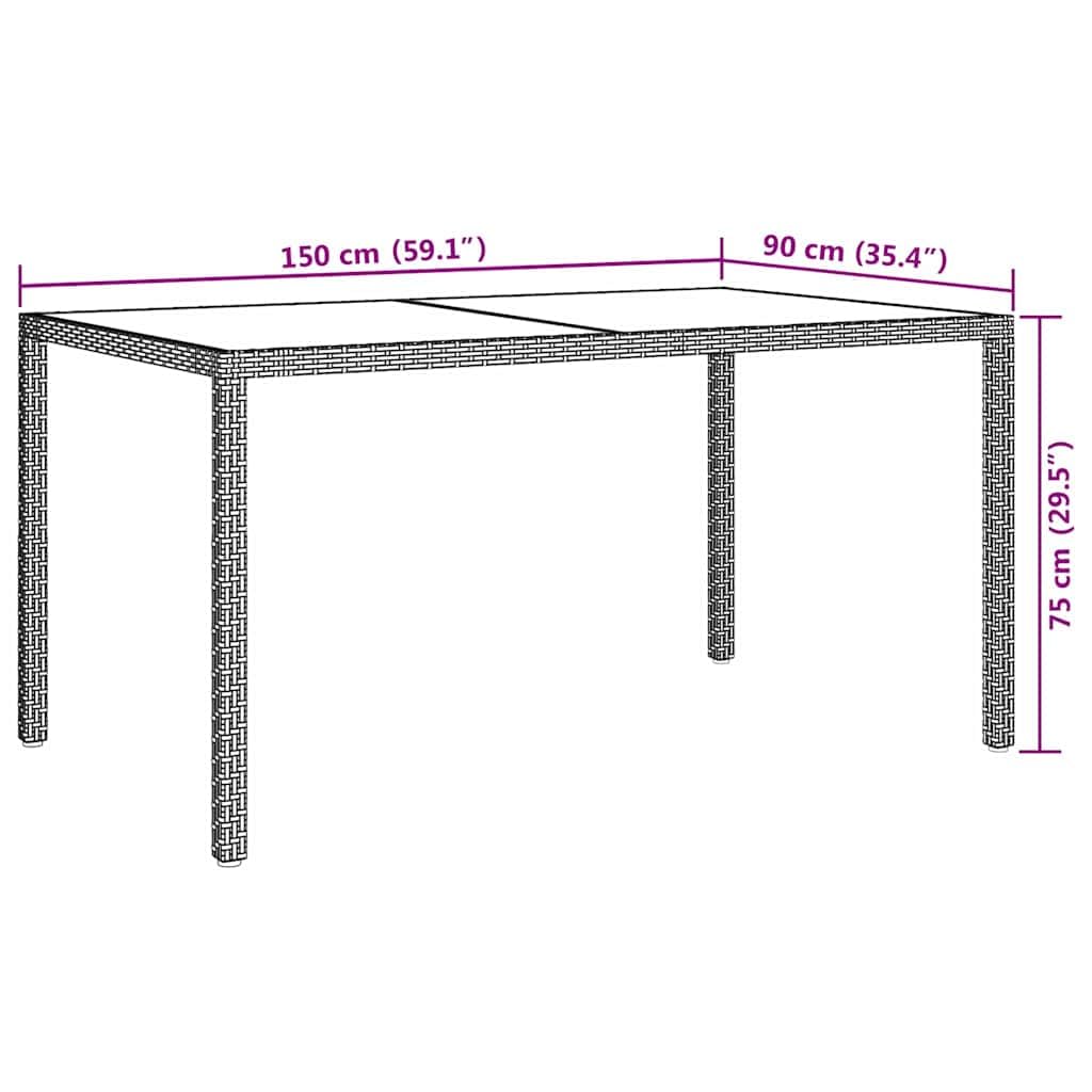 Stół ogrodowy z polirattanu z hartowanego szkła, 150 x 90 x 75 cm, malowana proszkowo rama stalowa, beżowo-czarna, na taras, balkon, do użytku na zewnątrz, łatwy w pielęgnacji i odporny na