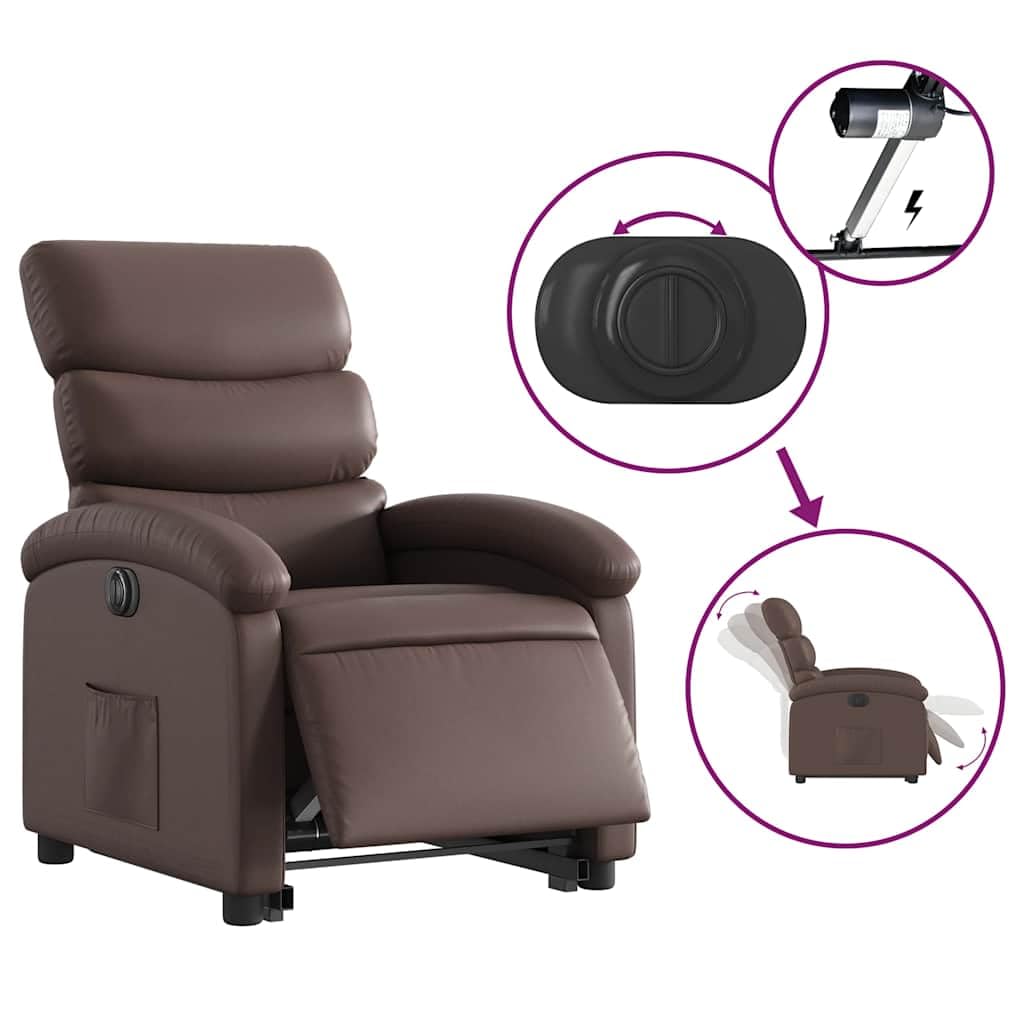 Sillón elevador reclinable eléctrico de piel sintética marrón con función de elevación e inclinación de 135 grados, estructura estable y bolsillo lateral, asiento cómodo para adultos