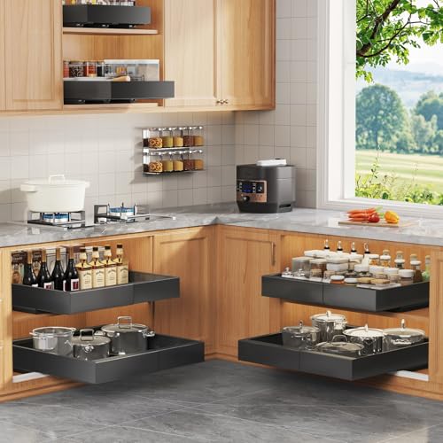 4 Pack Expandable Pull Out Cabinet Organizer 21"Deep With Raising Pad for Framed Cabinets,Upgrade 3 Slide Rails Slide Out Drawers,No Drill Roll Out Shelves,Adjustable Width 12.1"-20.4" Black