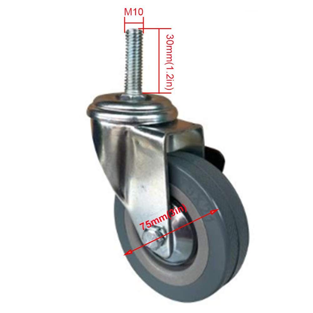 Möbelrollen aus Gummi, robust, 75/100 mm, mit Bremse, M10/M12 Gewinde, 400 kg Tragkraft, für Wagen und Transport, 4 Stück