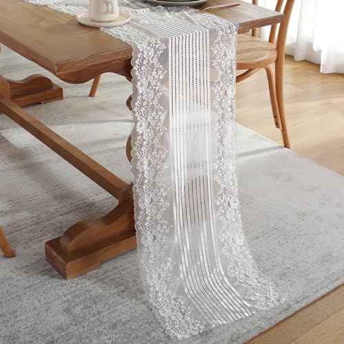 auons Camino de mesa de encaje blanco floral bohemio camino de mesa bufanda elegante de encaje rústico superpuesto tela para boda, fiesta, recepción, decoración de mesa, 38 x 304 cm