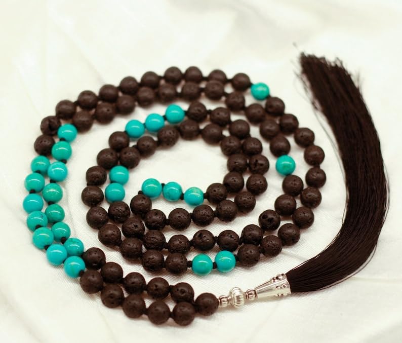 Cuentas Mala de piedra turquesa y lava, collar 108 Mala, nudo, collar WWG, joyería de yoga, cuentas de meditación, joyería espiritual, joyería bohemia, 34inch, Gema